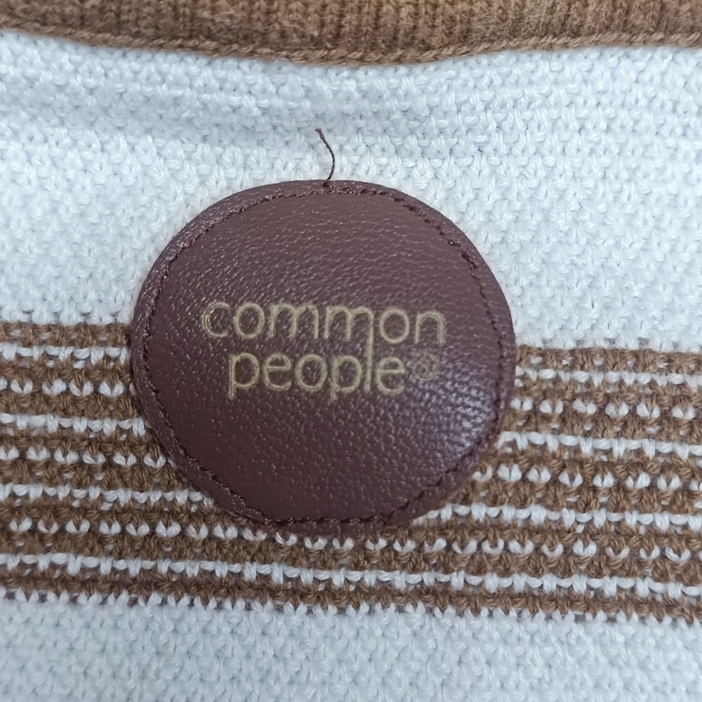 Common People Fry Knitted Polo Shirt Tan Brown Stripe Size S Cotton Preppy - Picture 2 of 9